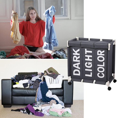 Efficient Laundry Hamper, Oxford Cloth 3 Sections Collapsible Laundry Basket with Rolling Wheels, Large Capacity Sorting Organizer for Home, 1