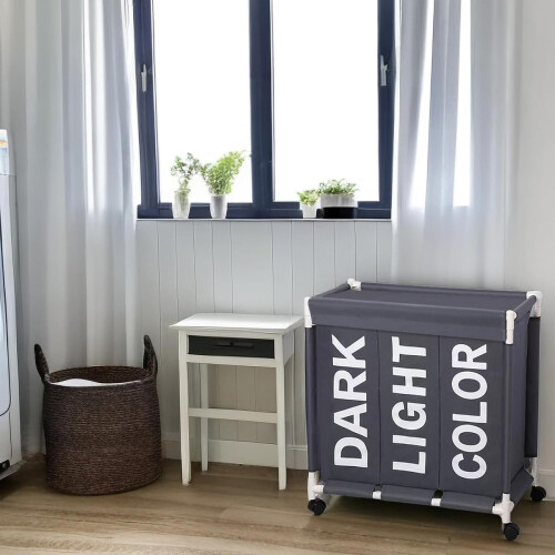 Efficient Laundry Hamper, Oxford Cloth 3 Sections Collapsible Laundry Basket with Rolling Wheels, Large Capacity Sorting Organizer for Home, 2