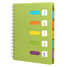Caderno espiral com abas multicoloridas, capa impermeável, tamanho A5, capa dura resistente, caneta esferográfica retrátil, 240 páginas pautadas,