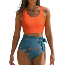 Baddräkt med rund halsringning för kvinnor, blommiga underdelar, modest racerback, tvådelad bikiniset med breda axelband, baddräkt med hög midja