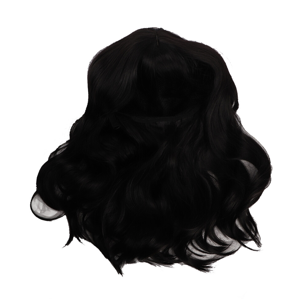 Unisex Black Women Curly Wavy Medium Length Synthetic Wig, Adjustable Fits