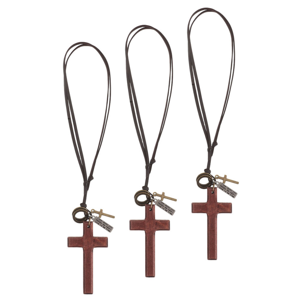 3Pcs Vintage Wooden Cross Pendants Car Mirror Hanging Religious Charms Grain 3594030957092
