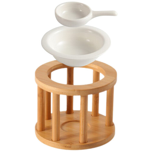 2St Khaki Keramische Tealight Houder Met Bambus Handvat 1