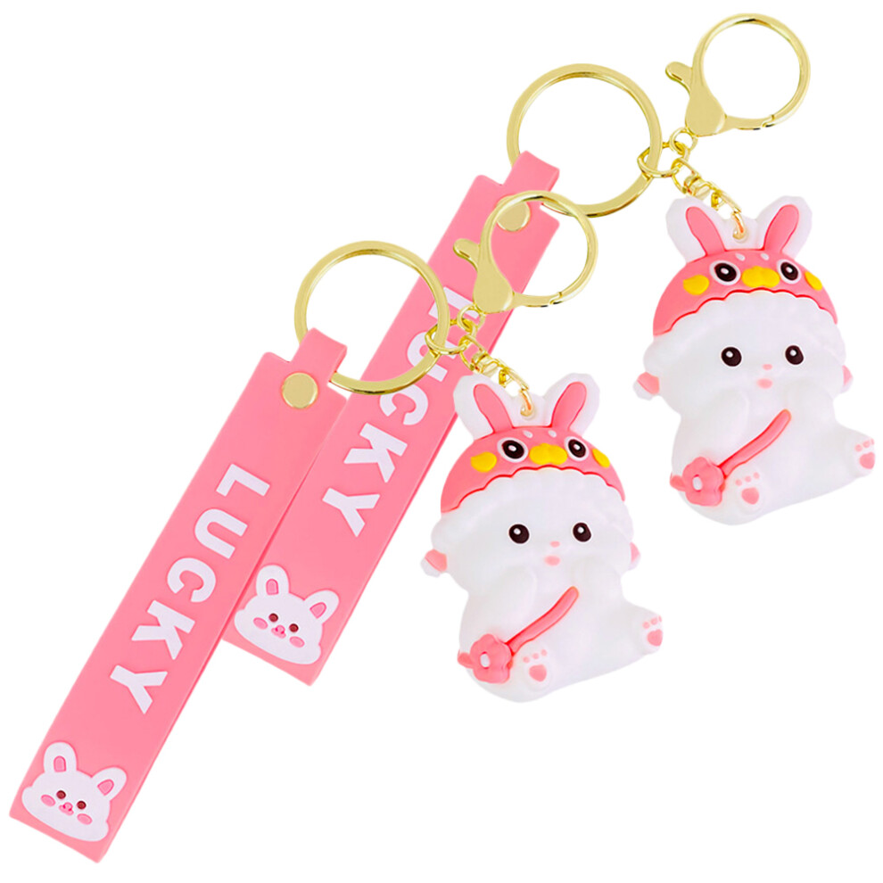 2Pz Portachiavi Coniglio Rosa, Accessorio Moda Pvc E Metallo Per Borse