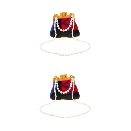 2Stk Schwarze Plüsch Tragetasche Mit Holzgriff, Beaded Chain 2