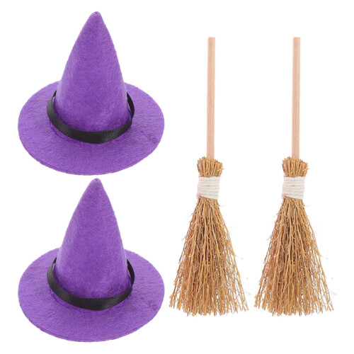 4Conjuntos Chapéus E Vassouras Mini Roxos Para Casa De