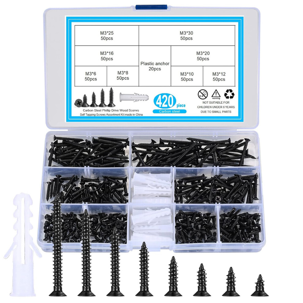 Secure Hold Fasteners, Resistant To Rust Corrosion Resistance, 8 Sizes M3 Black Carbon Steel Self-Tapping Screws, Strong Threads Wide Application 9340959450107