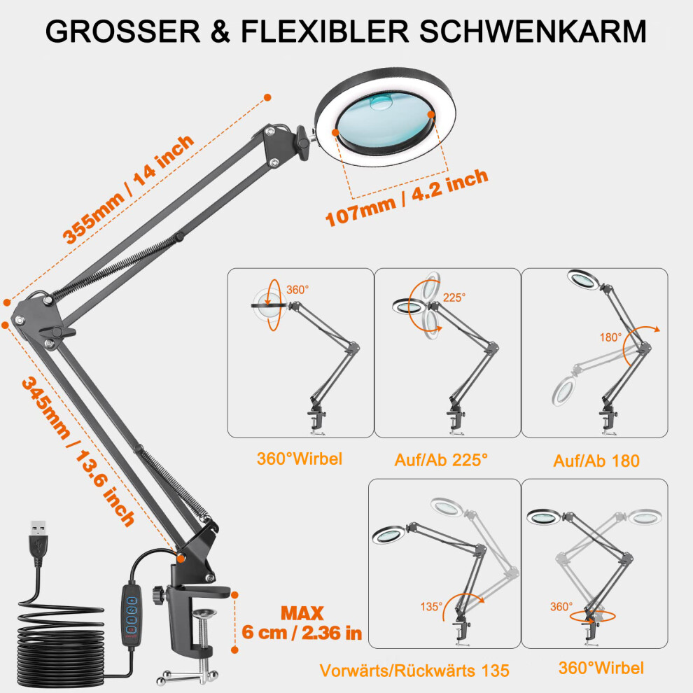 Light Professional Real Glass Lens Magnifier, 15X 10X Adjustable Magnifying Glass And Stand, Stepless Dimmable 3 Color Modes For Optimal Viewing