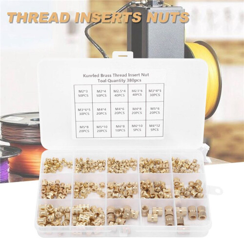 380Pcs Thread Inserts M2 M2.5 M3 M4 M5 M6 Metric Female Thread Brass Knurled Threaded Embedment Nuts Assortment Kit 2