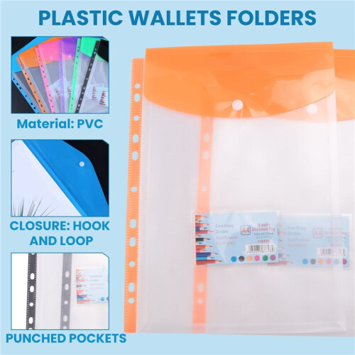 12 Pack A4 Punched Pockets Plastic Wallets - 11 Holes Expandable Binder Pocket Envelope File Folders 2