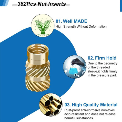 362Pcs Nut Inserts, M2/M3/M4/M5/M6 Threaded Inserts, Heat Set Insert Tool, Female Thread Knurled Heat Embedment Nut 2