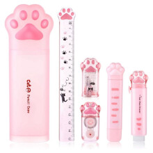 Schattige Kat Poot Briefpapier Set, 6 Stuks Kawaii Kat Stationaire Kit Puntenslijper Intrekbare Gum Correctie Tape Liniaal