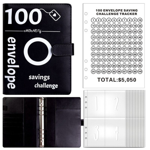 100 Envelopes Money Saving Challenge, 100 Envelope Challenge Binder, Money Saving Binder, Budget Book (Black) 1