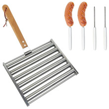Hot Dog Roller for Girll Sausage Roller Stainless Steel Rack with Wood Handle & 4 BBQ Skewers Evenly Cooked Hot Dog