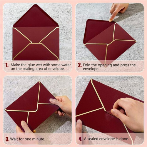 100 Envelopes de Convite A7 Borgonha com Borda Dourada, 5x7 Polegadas, Aba em V, Selagem Rápida - Perfeitos para Ocasiões Especiais 2