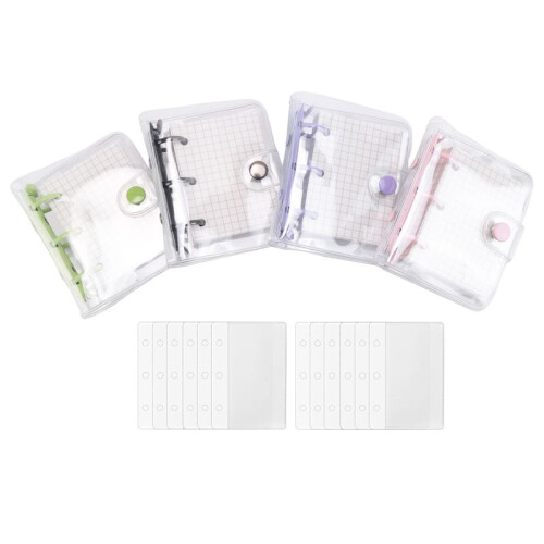 4 Pack  Transparent 3 Ring Binder Covers with Grid Inner Page and 12 Pcs Binder Pockets(3 Pcs/Set)