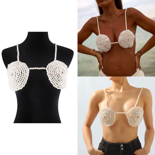 Perlen-Brustkette, Perlen-Bralette-Top, sexy-Weiß 1