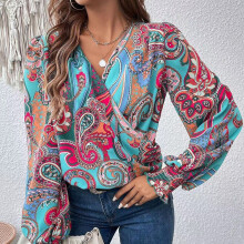 Top donna con scollo a V avvolgente, collo a cowl e maniche lunghe – Taglie S-XL, Poliestere