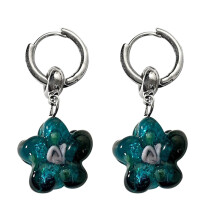 Clear Acrylic Flower Resin Drop Earrings Silver Plated-Green