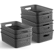 Plastic Small Shelf Storage Baskets With Wicker Design, Hassle-Free Stackable, For Multi-Purpose Home Supplies Storage, 8 Pack