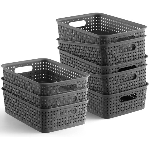 Woven Pattern Plastic Rattan Storage Baskets, Hassle-Free Stackable, For Multi-Purpose Home Supplies Storage, Pack Of 8