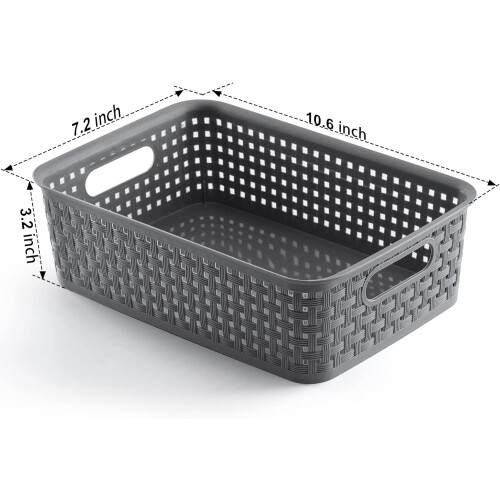 Plastic Small Shelf Storage Baskets With Wicker Design, Hassle-Free Stackable, For Multi-Purpose Home Supplies Storage, 8 Pack 2