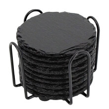 Artisanal Slate Coasters, Personalizable Drink Coasters With Non-Slip Soft Pads, Natural Slate Stone For Easy Clean Table Protection, Set Of 8, 10cm,