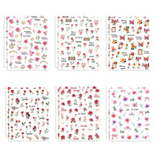 Adesivos de unhas com flores românticas e letras em inglês, perfeitos para a primavera. Unhas autoadesivas 3D com rosas coloridas para mulheres.