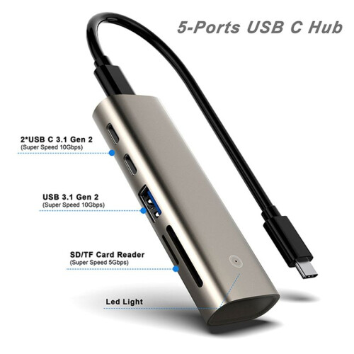 Hub USB USB-A (Gen 2) + 2xUSB-C (Gen 2) + /TF 3.0 Hub per Laptop Adattatore Multi Splitter Accessori per Computer PC 1