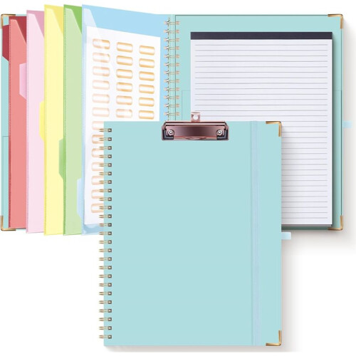 Foldable Spiral Clipboard with Storage Zipper Pouch,5 Plastic Folders with 10 Pockets, Refillable Lined Notepad