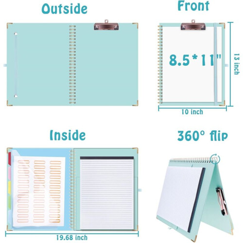 Foldable Spiral Clipboard with Storage Zipper Pouch,5 Plastic Folders with 10 Pockets, Refillable Lined Notepad 2