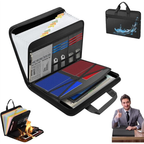 File Folder, Large Capacity A4 Fireproof File Folder with Handle, Waterproof Foldable Accordion Document Storage Bag