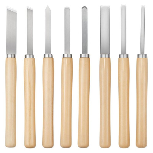 Wood Lathe Chisel Set, 8PCS Carbon Steel Blade Tools, Includes Skew, Gouge, Spear Point, for Woodworking