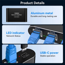 RJ45 Ethernet Splitter 1 auf 3 LAN Splitter 1000Mbps Gigabit Ethernet für  mit USB-C Stromkabel für Cat5/5e/6/7/8