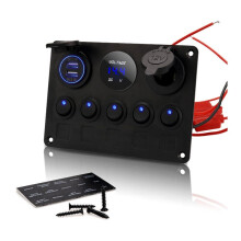 Painel de interruptores com carregador USB duplo, voltímetro digital para uso em barcos e veículos recreativos, painel de interruptores basculantes