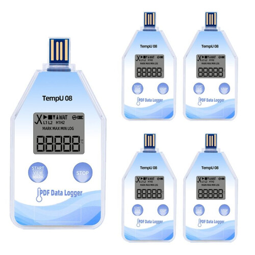 USB Digital Temperature Data Logger 5-Pack, Single Use, IP67 Waterproof, Auto PDF/CSV Reports for Cold Chain Monitoring