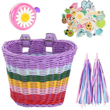Hand-Woven Bicycle Basket with Bell Tassel Stickers Adjustable Bike Handlebar Carrier Basket Cycling Accessories B