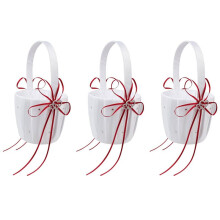 3X Double Coeur de Mariage Fleur Fille Panier Blanc Satin Strass Décor Rouge Cérémonie de Mariage Partie Favor