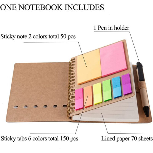 9 Packs Spiral Notebook Steno Pads Lined Notepad with Pen in Holder, Sticky Notes, Page  Colored Index Tabs Flags 1