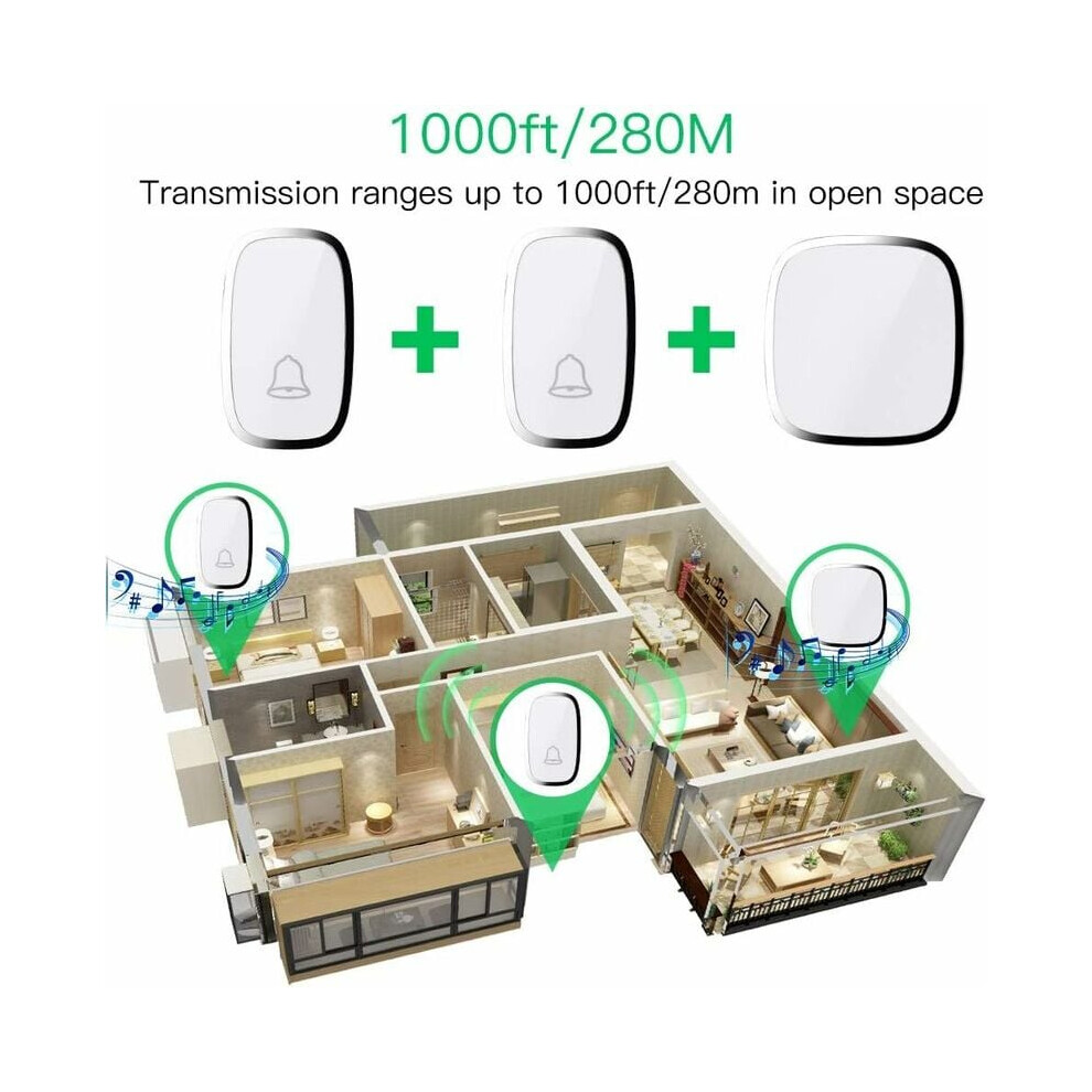 Wireless Doorbells, Waterproof Doorbell Kit With 2 Transmitters & 1 Receiver, 300M Range, Customizable Ringtone & Led Light Indicator For Home Office 9169997116000