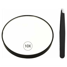 Een onmisbaar hulpmiddel voor beauty-liefhebbers: een vergrootspiegel met 10x vergroting en een roestvrijstalen frame. Deze draagbare glazen