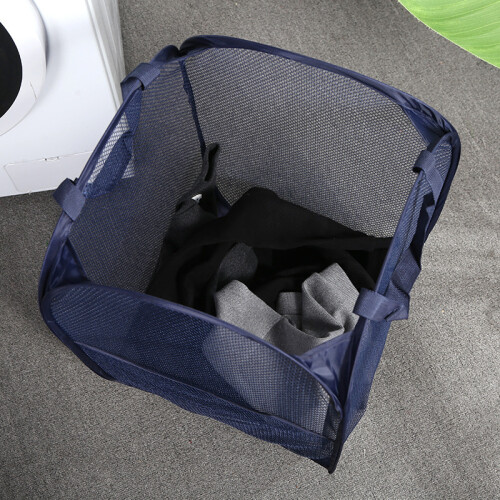 Collapsible Design Laundry Hamper, Side Pocket for Laundry Accessories (Navy Blue) 1