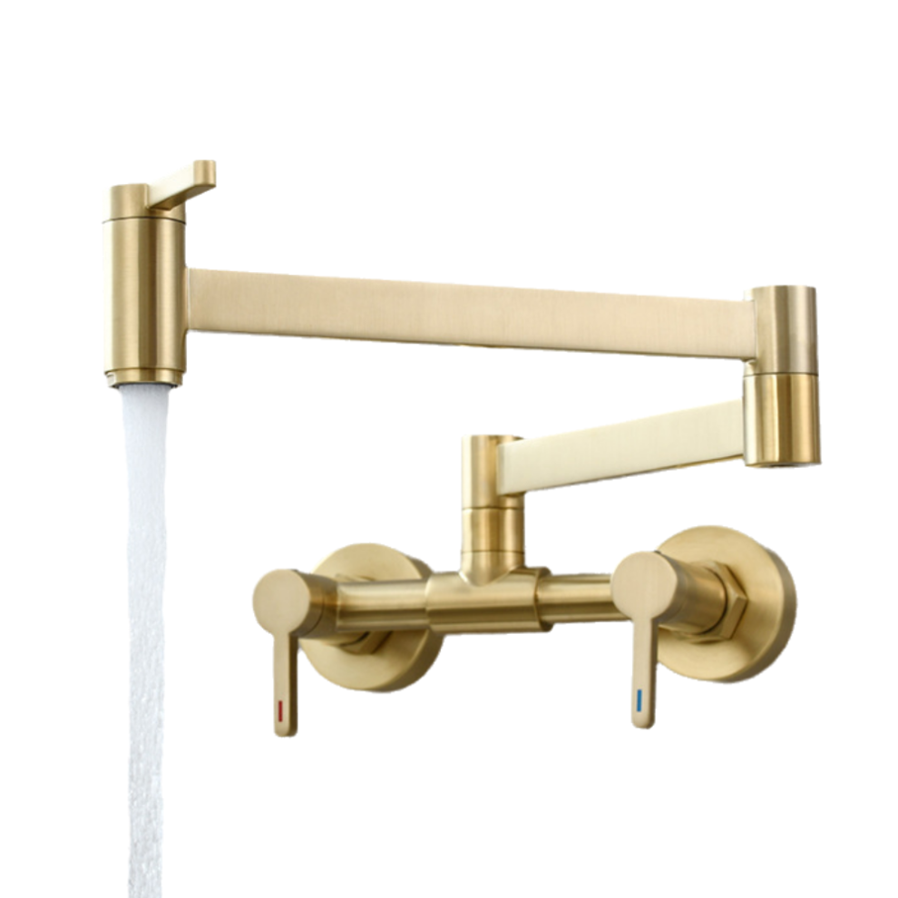 Articulating Wall Mount Faucet For Kitchen, Two Handle Folding Faucet With Brushed Gold Finish And Dual Joint Swing Arm, Wall Mount Pot Filler Faucet 9433291612514