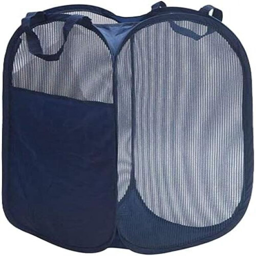 Collapsible Design Laundry Hamper, Side Pocket for Laundry Accessories (Navy Blue)