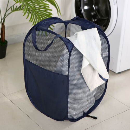 Collapsible Design Laundry Hamper, Side Pocket for Laundry Accessories (Navy Blue) 2