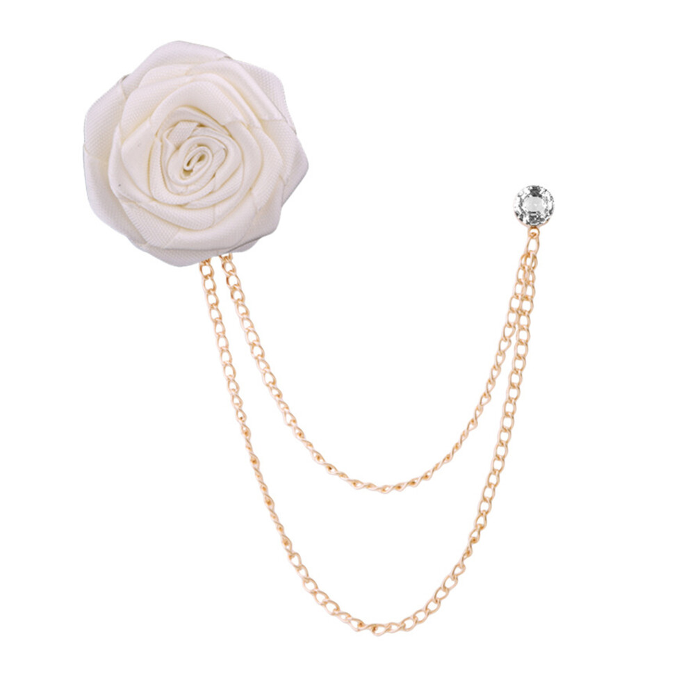 White Wedding Flower Fabric Rose Brooches Tassel Chain Men Suit