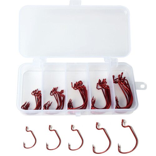 50pcs Fish Hooks Offset Worm Hooks High Carbon Steel with Storage Box 2