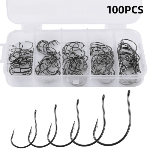 100pcs Stainless Steel Fish Hooks Set - 5 Sizes with Plastic Box 2