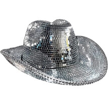 Chapéu de cowboy prateado brilhante, chapéu divertido para festas de cosplay com azulejos de vidro aplicados à mão para um visual de chapéu de