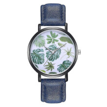 Modische blaue Quarzuhr mit PU-Armband und rundem Zifferblatt mit Blattmuster – ZhouLianFa Armbanduhr